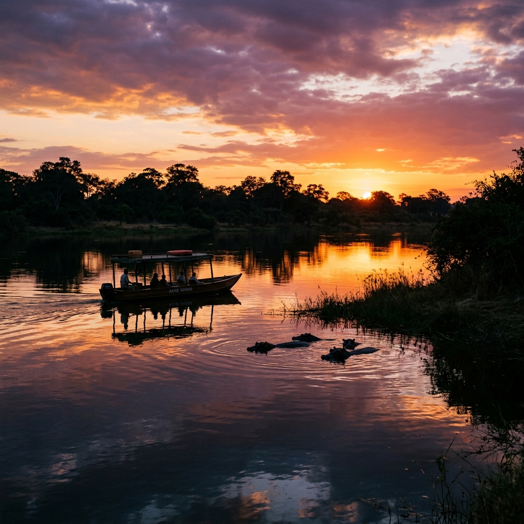 Sunset over a river in an African national park